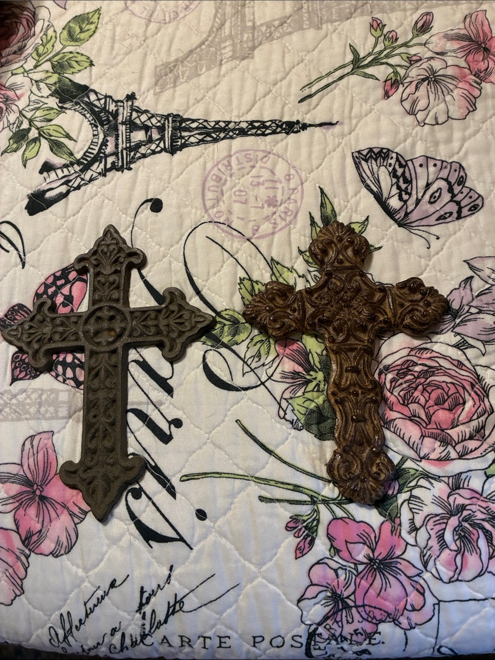 Decorative Wall Crosses - Set of 2 in Hard Plastic Brown &  Bronze Cast Iron